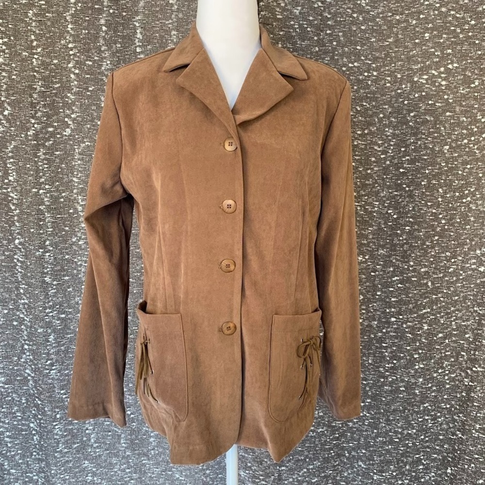 Vintage Y2K Studio C Brown Faux Suede Blazer Tie‎ Pockets Boho Women's 8